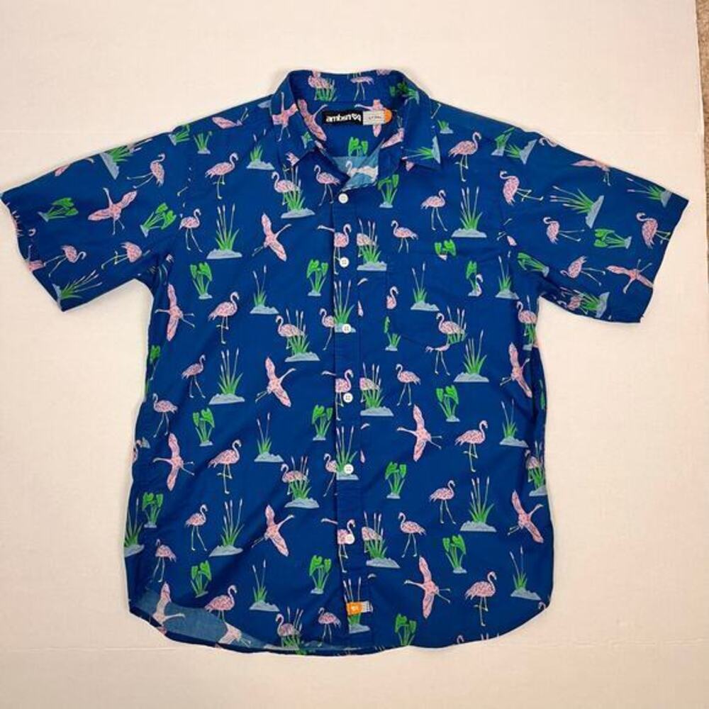Ambsn Button Up Shirt Mens S Cotton Short Sleeve‎ Flamingo Novelty Print Resort